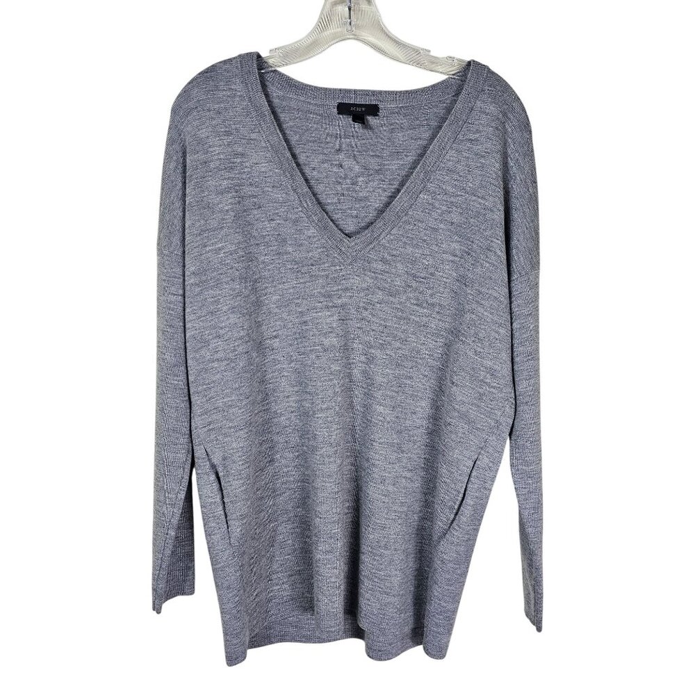 J. Crew Merino Wool V-Neck Sweater XS Gray Oversized Preppy Academia‎ Pockets